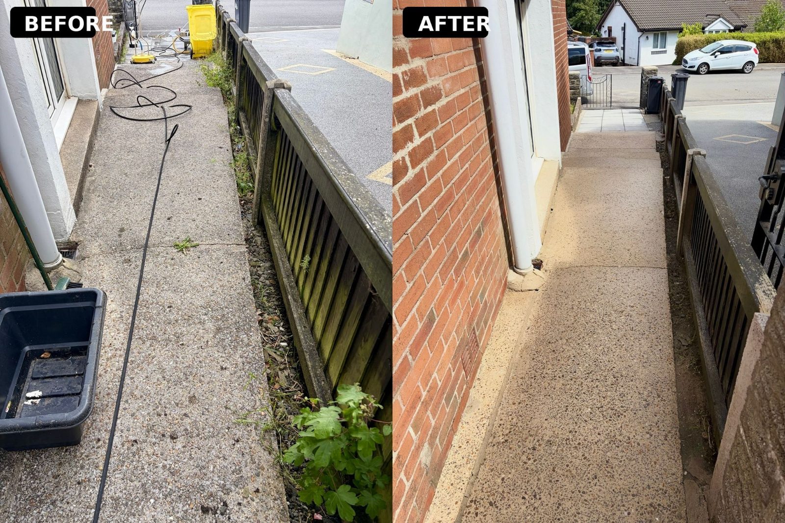 Before and after of a pathway pressure washed clean of dirt and weeds
