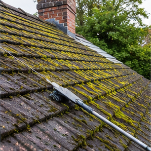 Heavy moss being brushed off a tiled roof
