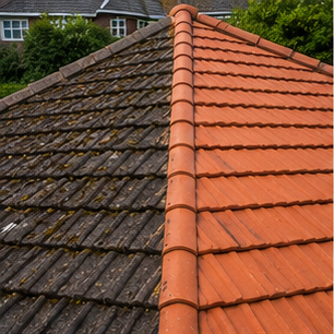 Slate roof being soft washed clean